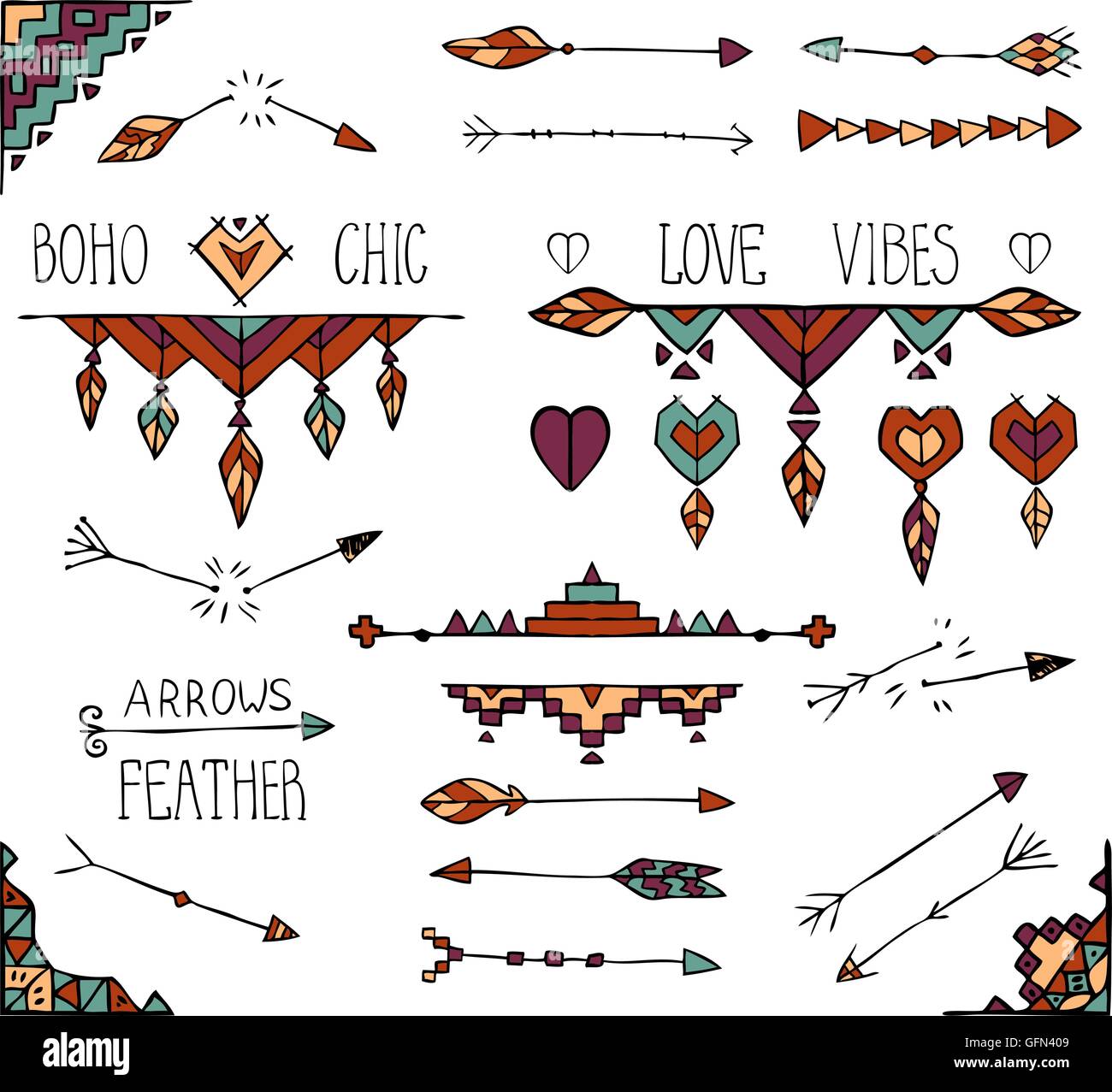 Tribal boho colorés dessinés à la main, collection d'éléments. Illustration de Vecteur