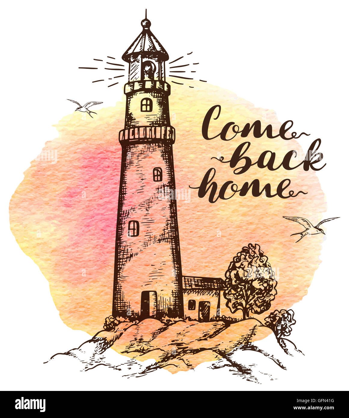Arrière-plan dessiné à la main avec phare dans le style vintage. 'Come Back home' lettrage. Banque D'Images