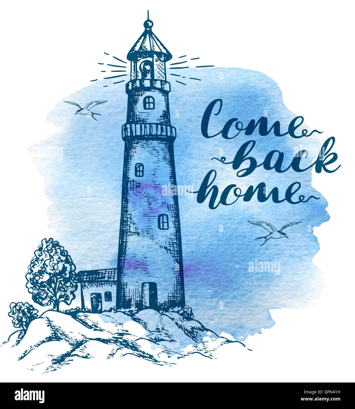 Arrière-plan dessiné à la main avec phare dans le style vintage. "Come back home" lettrage sur une aquarelle bleu arrière-plan. Banque D'Images
