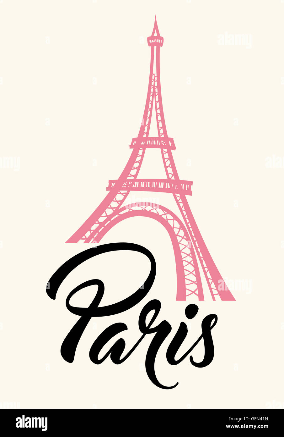 Tour Eiffel rose et le lettrage 'Paris'. Concept de voyage. Banque D'Images
