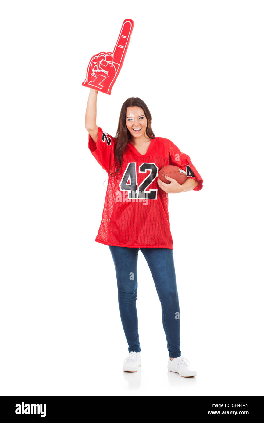 Jolie femme en maillot de football prêt pour la saison. Banque D'Images