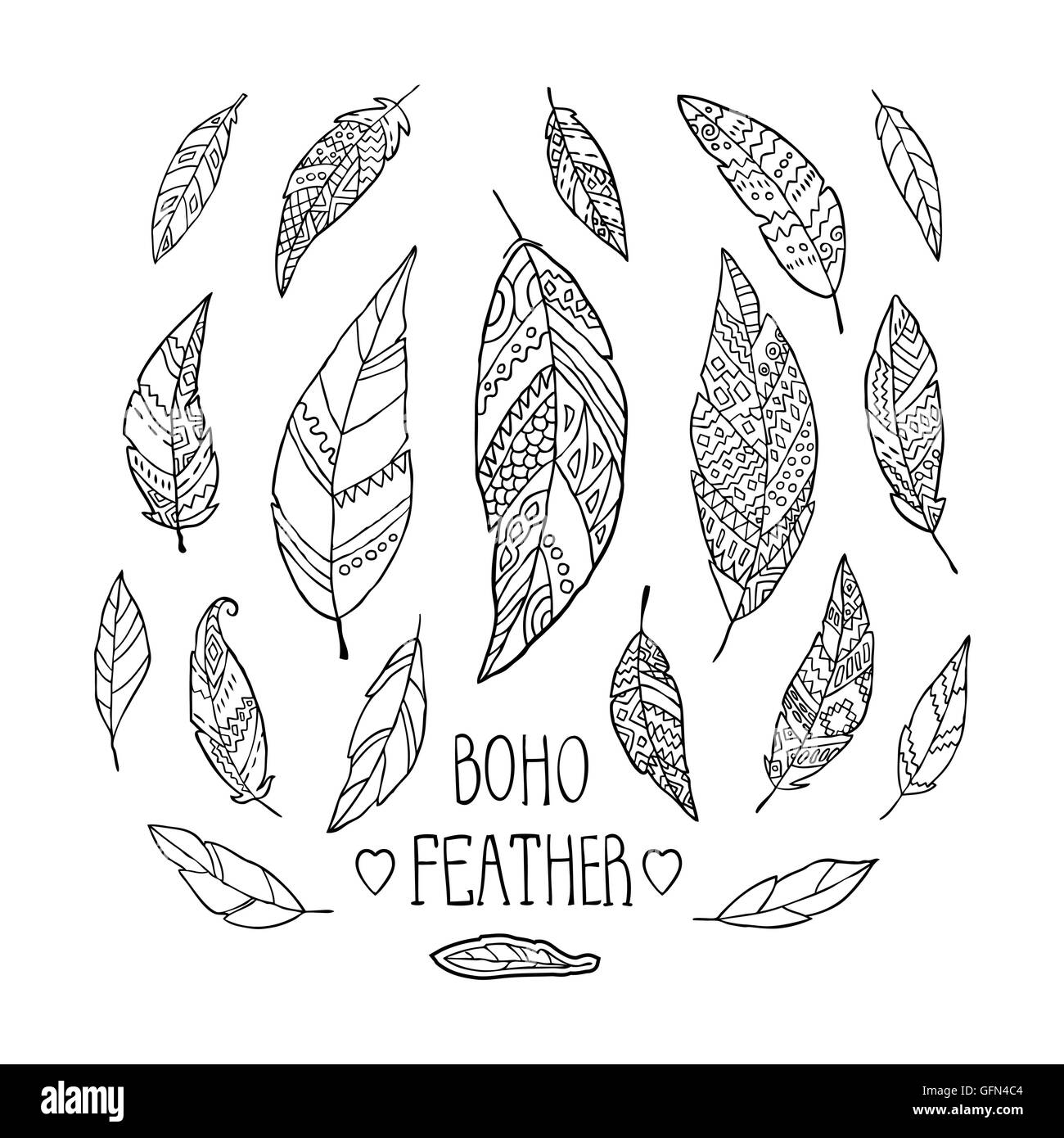 Jeu de plumes Monochrome dessiné à la main isolé sur fond blanc. Illustration de Vecteur