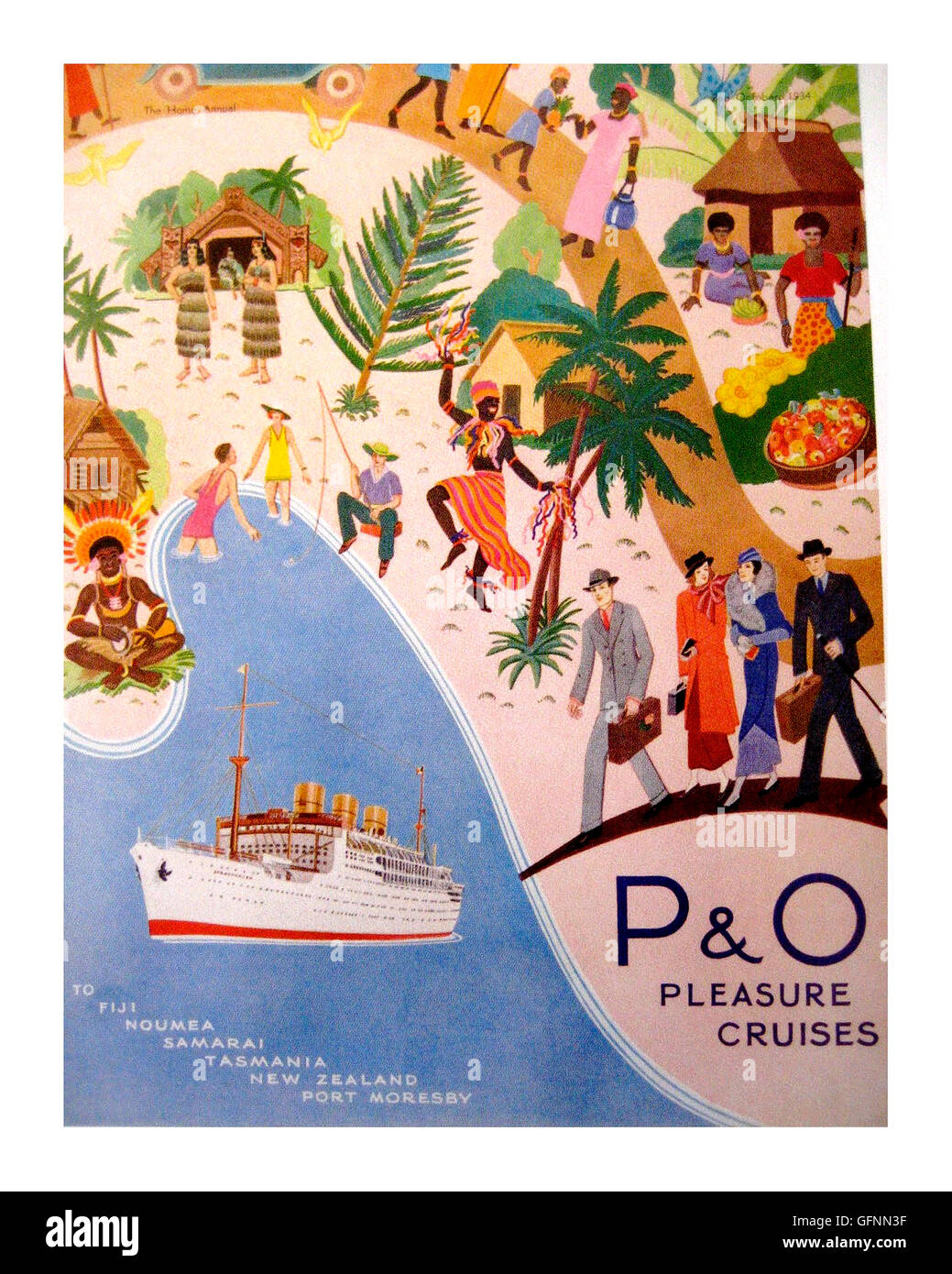 1930 P&O cruise ship vintage affiche publicitaire de voyages vers le Pacifique Sud exotiques. Les gens riches et célèbres aimé semaines en mer dans une atmosphère qui était élégant et luxueux. Banque D'Images