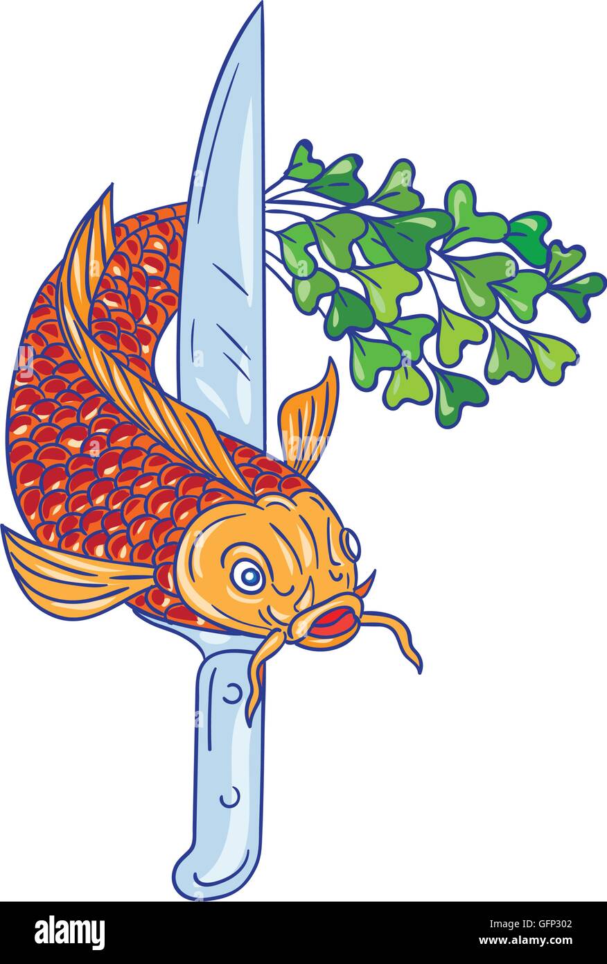 Croquis dessin illustration de style d'un couteau et d'une truite poisson avec microgreen queue vue de l'avant ensemble isolées sur fond blanc. Illustration de Vecteur