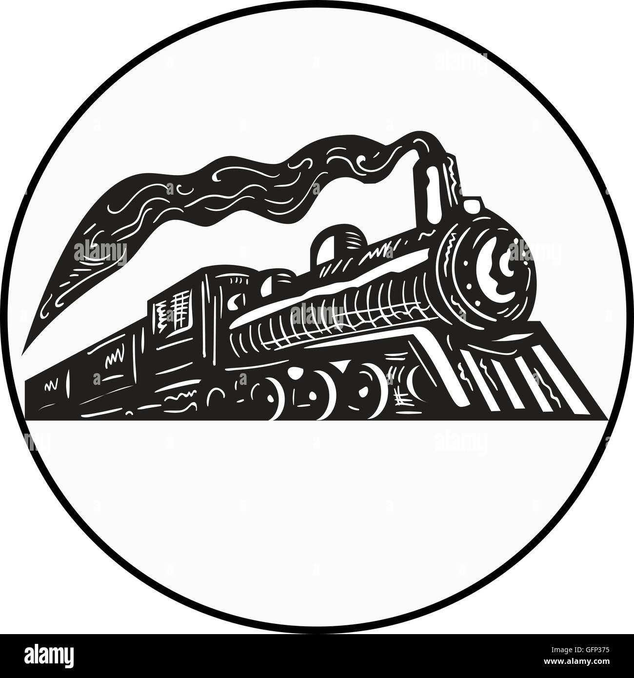 Illustration d'une locomotive à vapeur à venir vu de l'ensemble de l'angle faible à l'intérieur du cercle sur fond isolé fait en retro Illustration de Vecteur