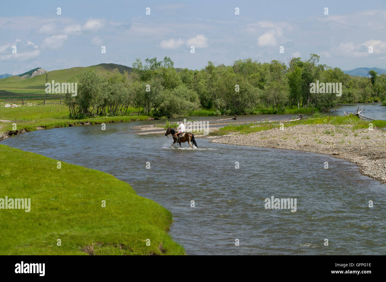 Le rider l'homme sur un cheval passe la rivière,un cheval de passer, un paysage, les montagnes, l'homme, la nature, la personne Banque D'Images