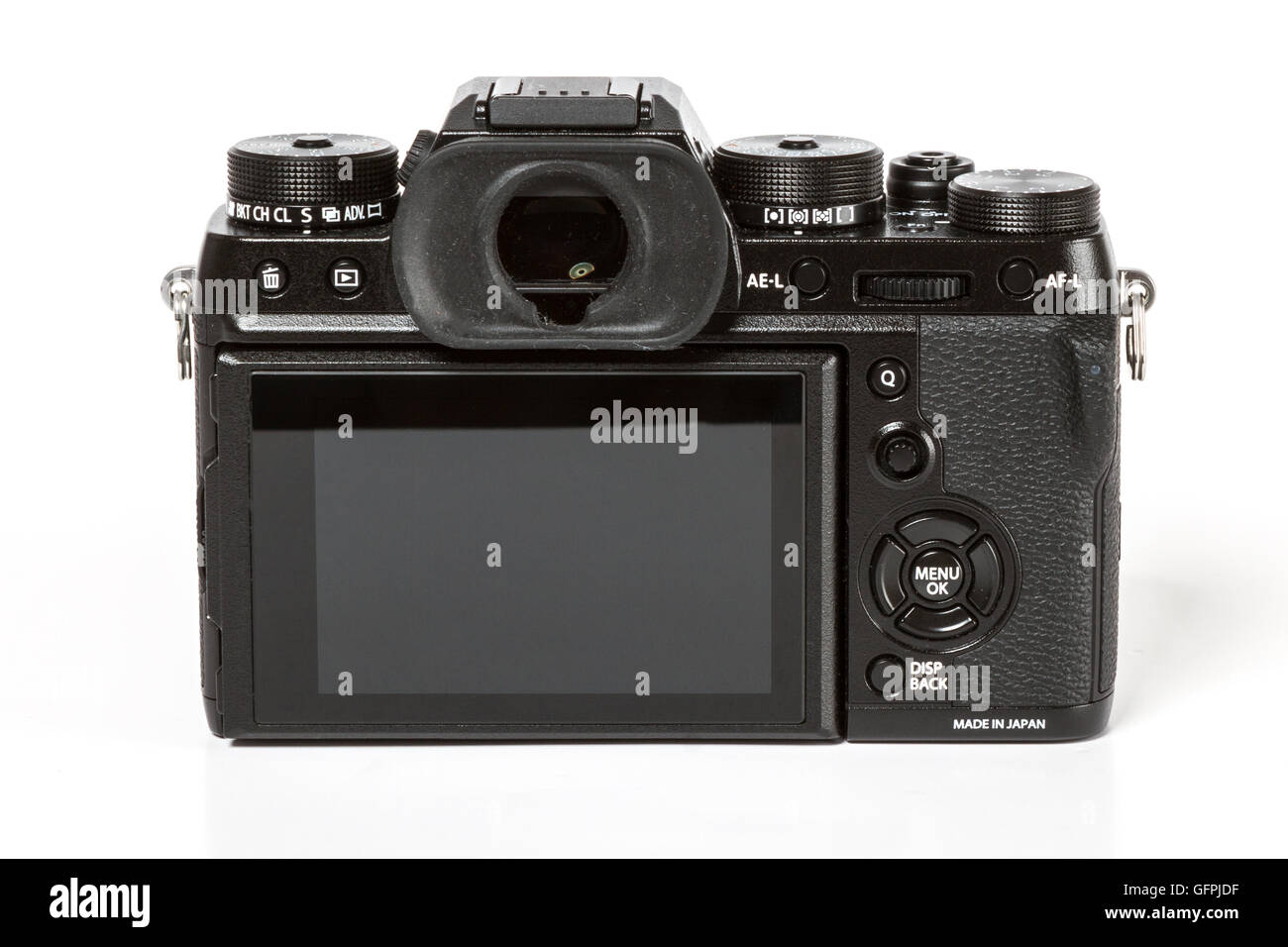 FUJIFILM X-T2, 24 mégapixels, vidéo 4K de l'arrière de l'appareil photo mirrorless sur fond blanc Banque D'Images