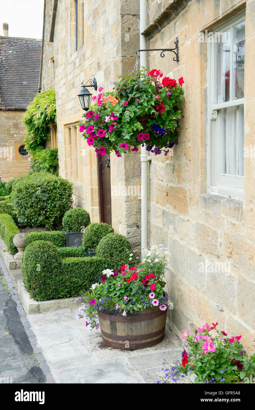 Hanging Basket et clippé fort hedge hors d'un chalet. Broadway, Cotswolds, Worcestershire, Angleterre. Banque D'Images