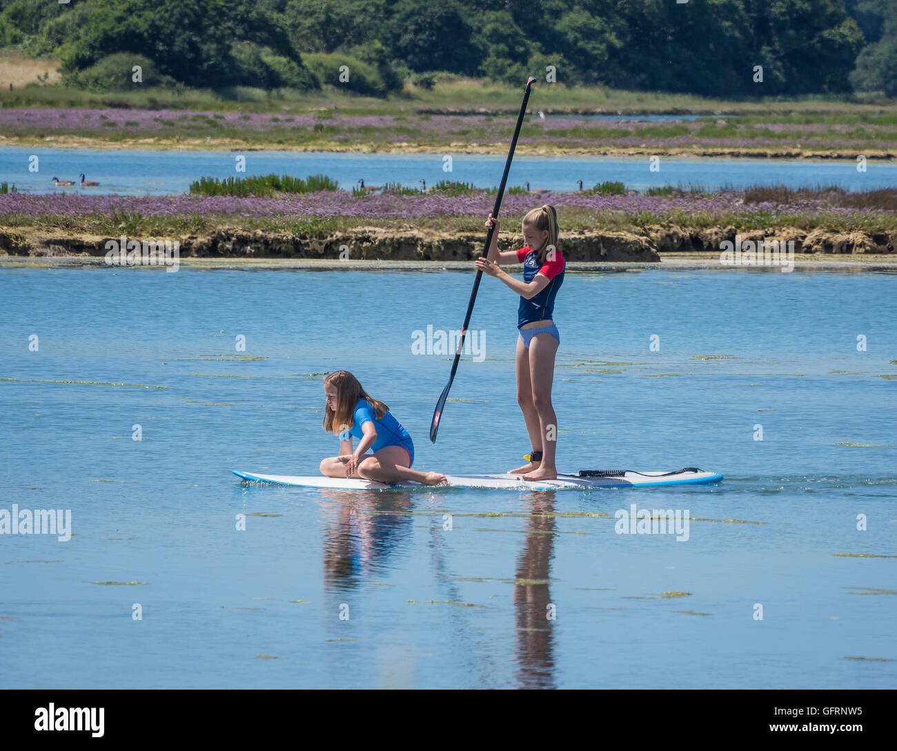 Deux jeunes filles bénéficiant du stand up paddle boarding dans Newtown River sur l'île de Wight, Royaume-Uni Banque D'Images