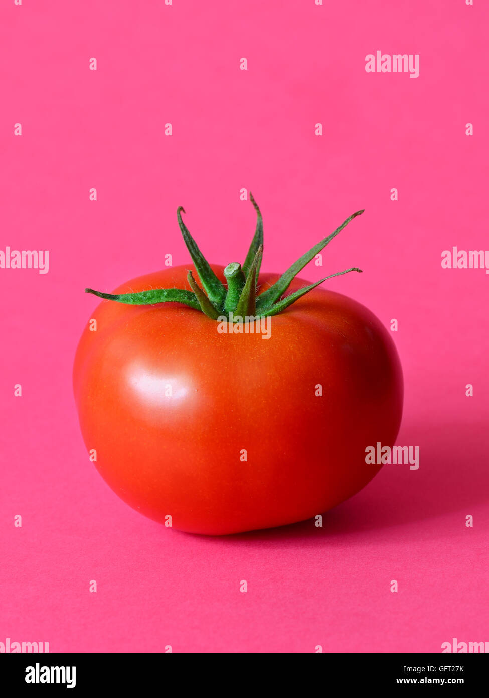 Une tomate mûre sur un fond rose Banque D'Images