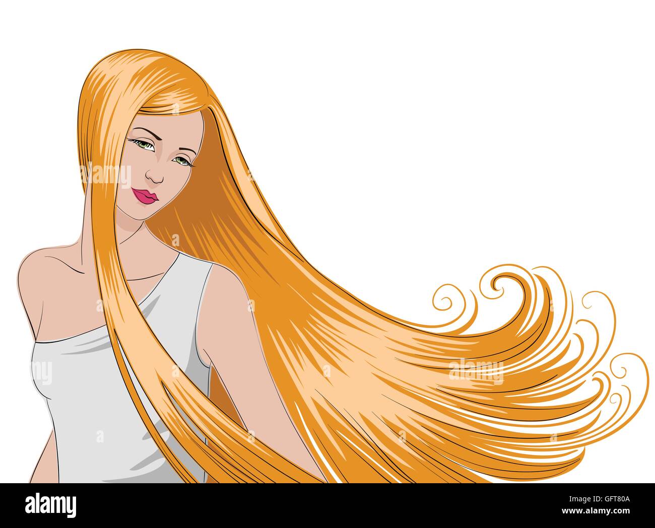 Jolie jeune fille avec de longs cheveux blonds, qui s'écoule. Illustration de Vecteur