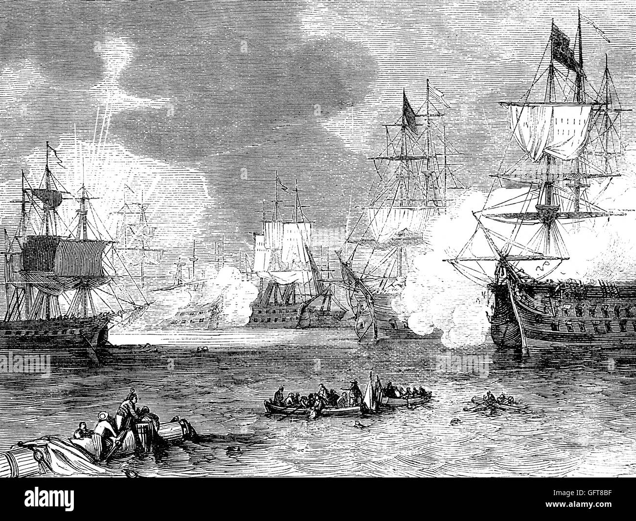 La bataille de Navarin est battu le 20 octobre 1827, durant la guerre d'Indépendance grecque dans la baie de Navarin (actuelle Pylos), sur la côte ouest de la péninsule du Péloponnèse, dans la mer Ionienne. Une force alliée des Britanniques, les Français et les navires russes a vaincu une armada de navires de guerre Ottoman, l'Egypte, Tunis et Alger. C'était la dernière grande bataille navale de l'histoire à s'être déroulée entièrement avec les bateaux à voile Banque D'Images
