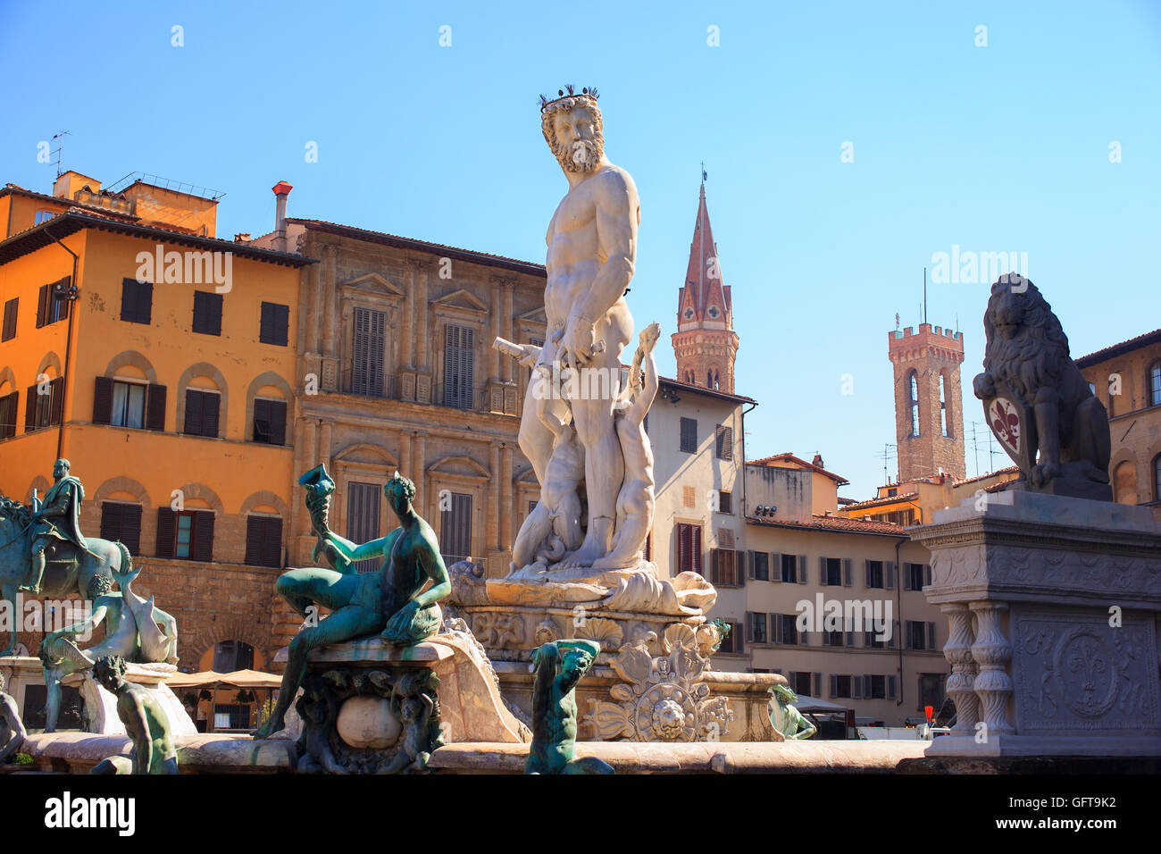 Vue de la fontaine de Neptune, oeuvre du sculpteur Bartolomeo Ammannati situé sur la Piazza della Signoria, Florence. ital Banque D'Images