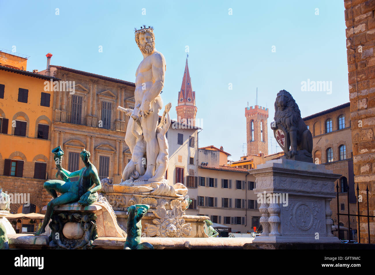 Vue de la fontaine de Neptune, oeuvre du sculpteur Bartolomeo Ammannati situé sur la Piazza della Signoria, Florence. ital Banque D'Images