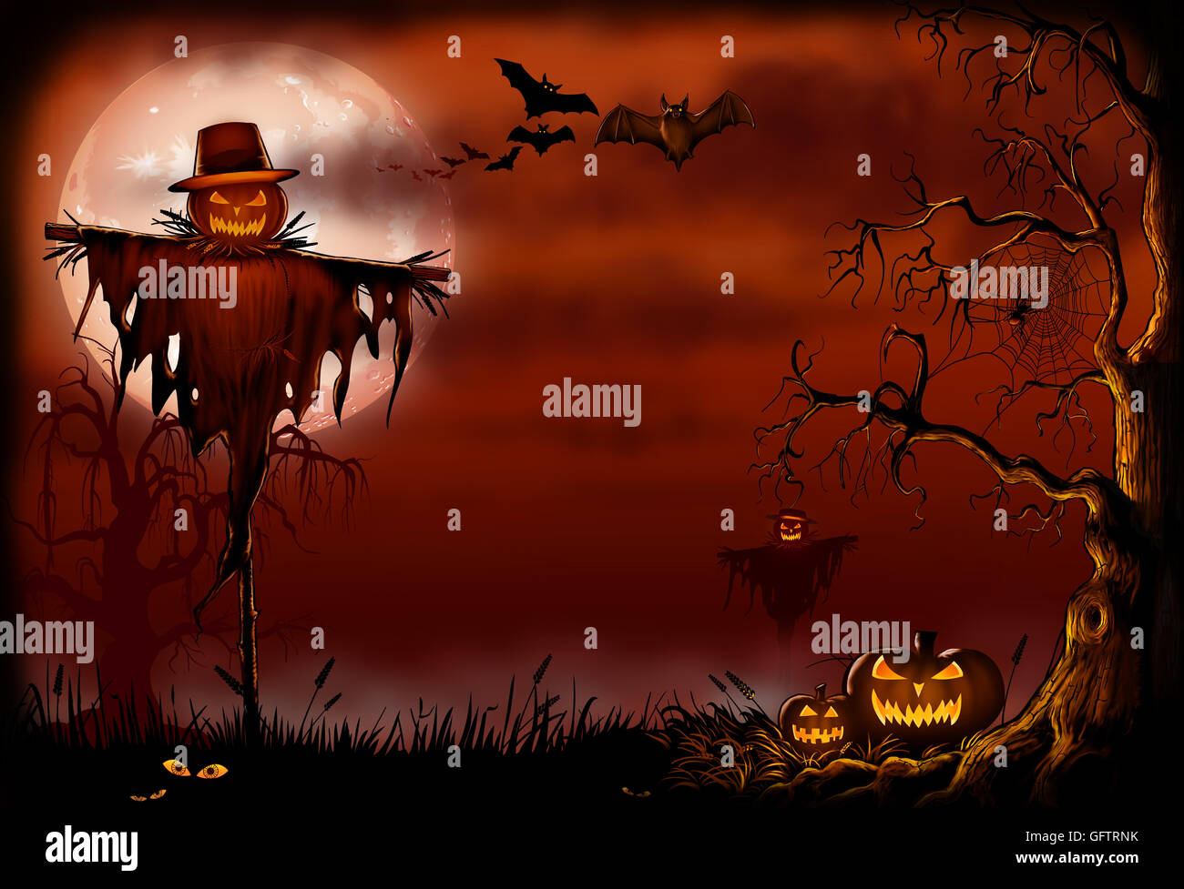 L'épouvantail d'Halloween avec des citrouilles, des arbres et des chauves-souris. creepy Banque D'Images