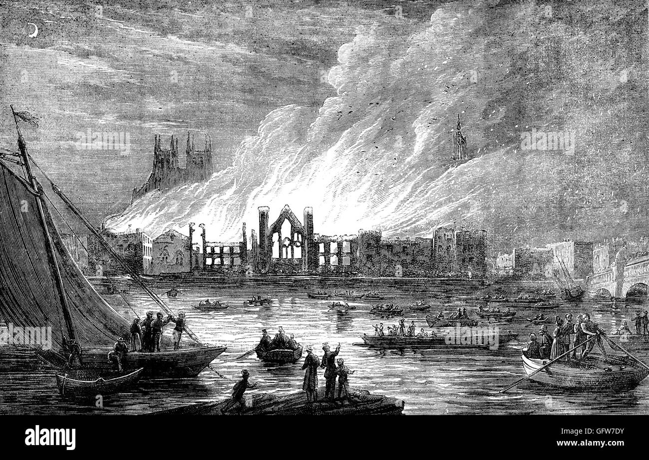 Le Palais de Westminster, le palais royal médiéval utilisé comme l'accueil du parlement britannique, a été en grande partie détruit par un incendie le 16 octobre 1834. L'incendie a été causé par la combustion de petits bâtonnets de comptage en bois, partie des procédures comptables de l'Échiquier. Les bâtons ont été éliminés d'une manière négligente dans les deux fours sous la chambre des Lords, qui a provoqué un feu de cheminée dans les deux conduits qui se sont présentés sous le plancher de la chambre des Lords et jusqu'à travers les murs. Banque D'Images