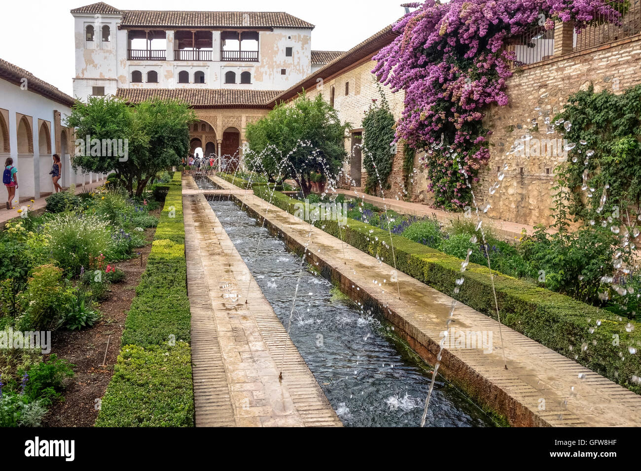 Vue sur le Patio de la Acequia dans le Palais del Generalife de l'Alhambra, rois, émirs Nasrides, Grenade, Andalousie, espagne. Banque D'Images