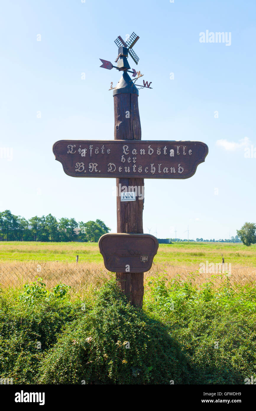 Panneau en bois à Neuendorf-Sachsenbande, marquant le point le plus bas en Allemagne, qui est 3,54 mètres sous le niveau moyen de la mer Banque D'Images