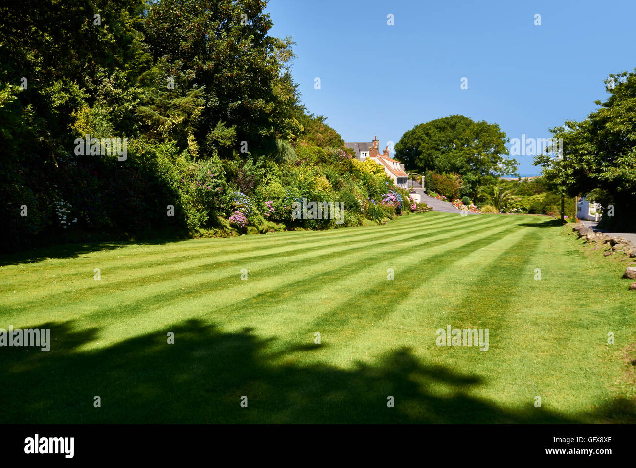 Chalet fleurs et de la pelouse contre le ciel bleu Banque D'Images