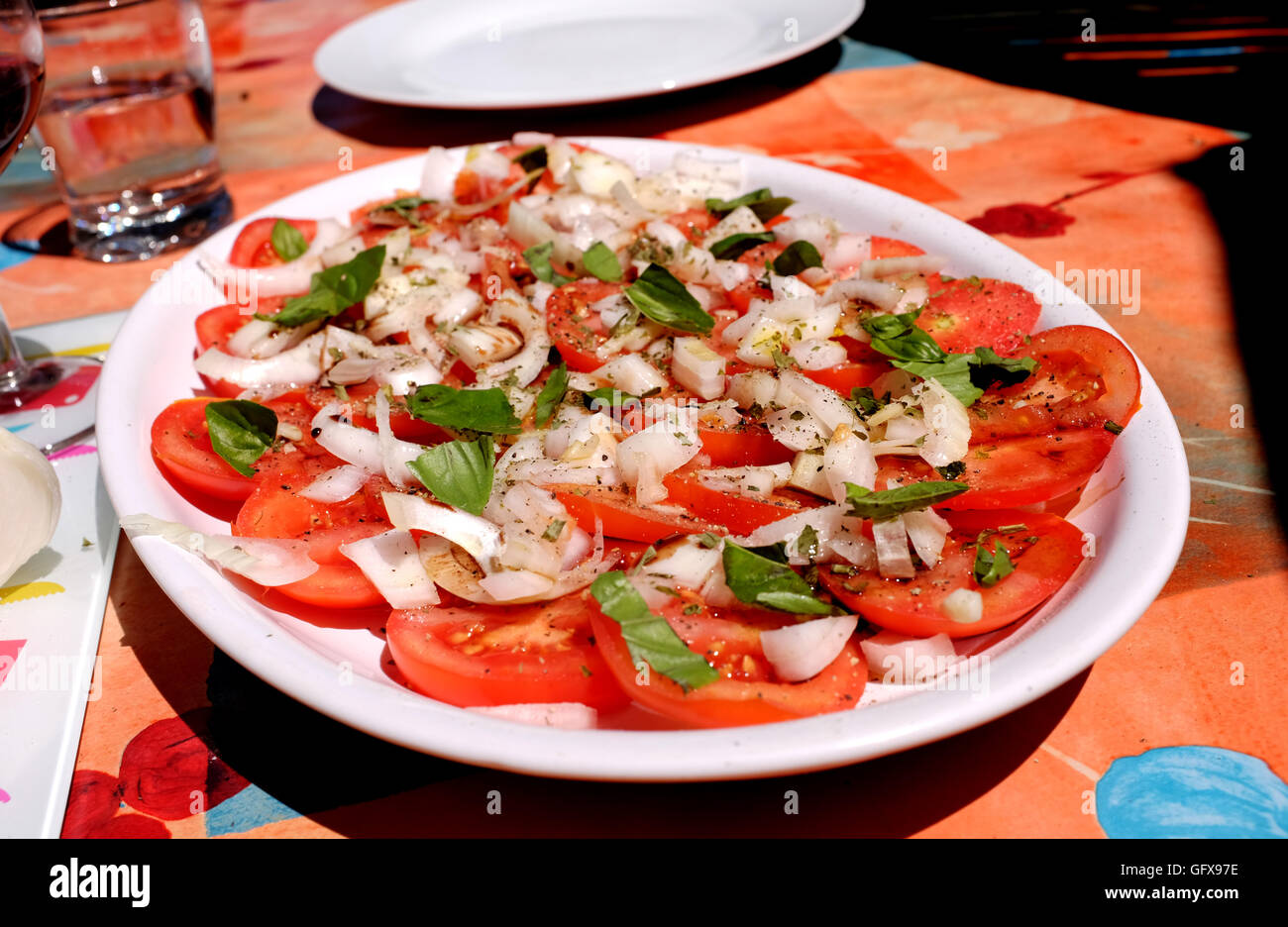 La tomate fraîche et l'oignon salade faite à un gite dans le Lot Région département France Banque D'Images