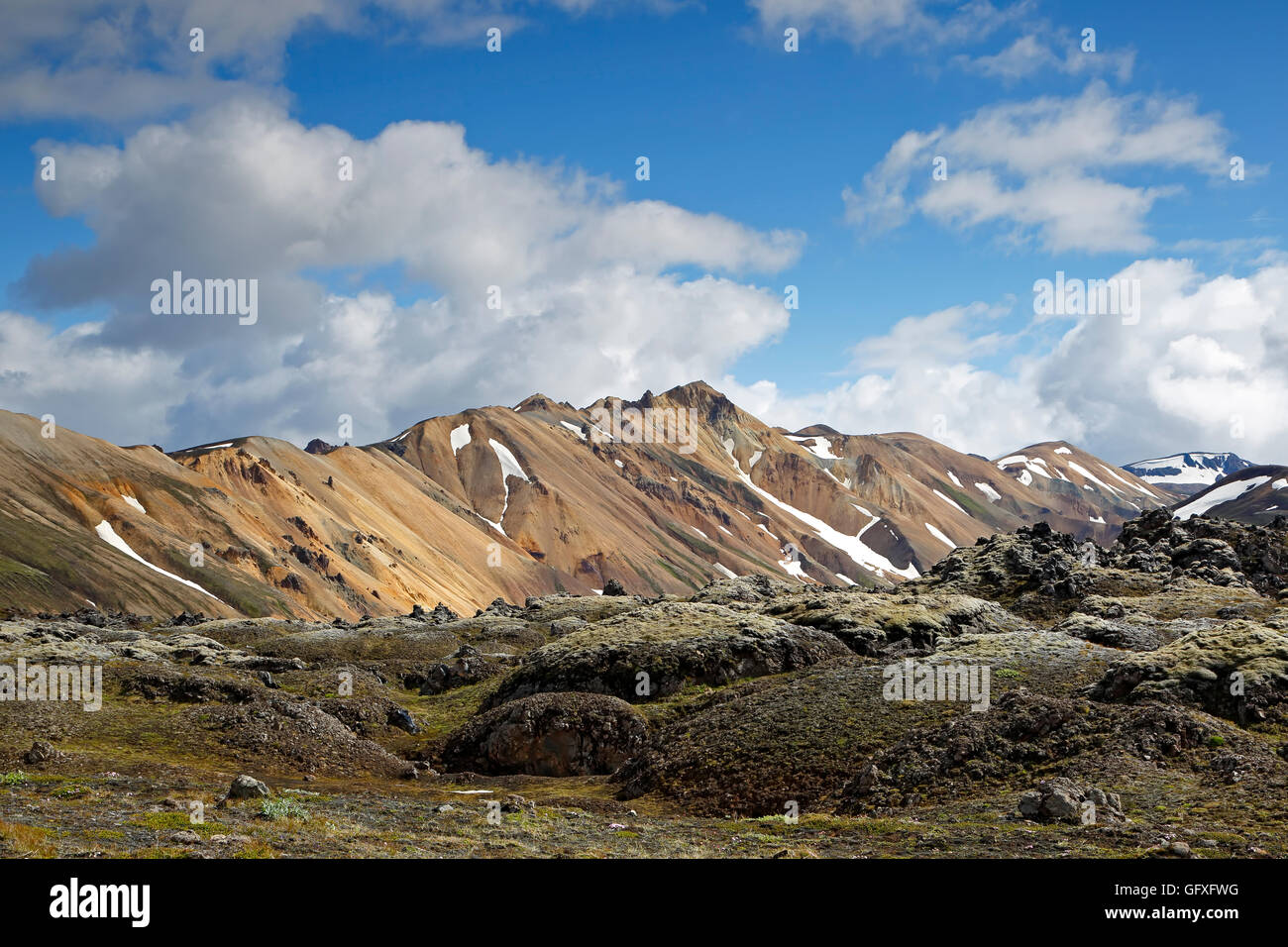 Montagnes de rhyolite et champ de lave couverts de mousse, Landmannalaugar, Islande, la Réserve Naturelle de Fjallabak Banque D'Images