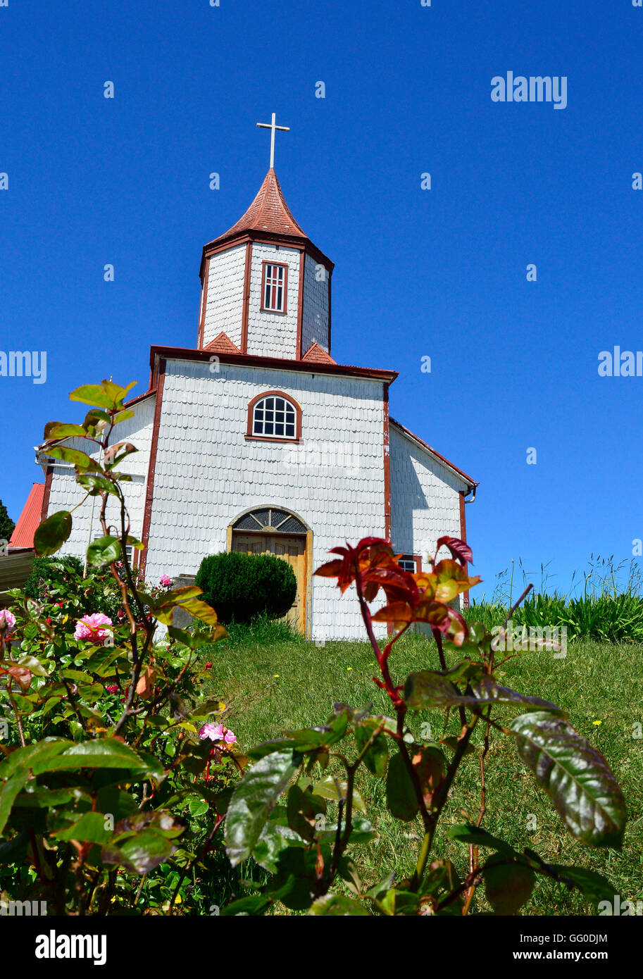 Église en bois à Ancud, Ile de Chiloé, Chili Banque D'Images