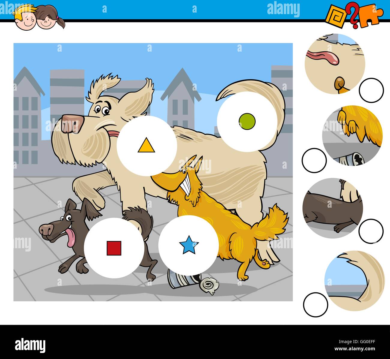 Cartoon Illustration de l'activité d'enseignement correspondant à des morceaux du groupe d'enfants d'âge préscolaire avec les chiens en cours d'exécution Illustration de Vecteur