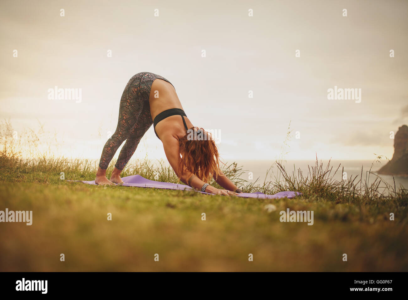 Vue de côté tourné de forme libre à l'extérieur. Les jeunes femmes exerçant dans le pré. Adho mukha svanasana. Banque D'Images