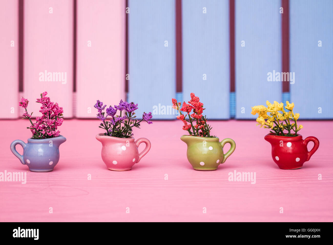 Petites plantes artificielles colorées décoratives dans des pots colorés  Photo Stock - Alamy