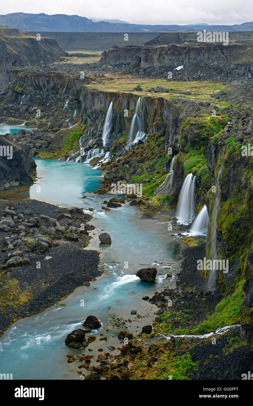 Lekafossar cascades, la Réserve Naturelle de Fjallabak, Islande Banque D'Images