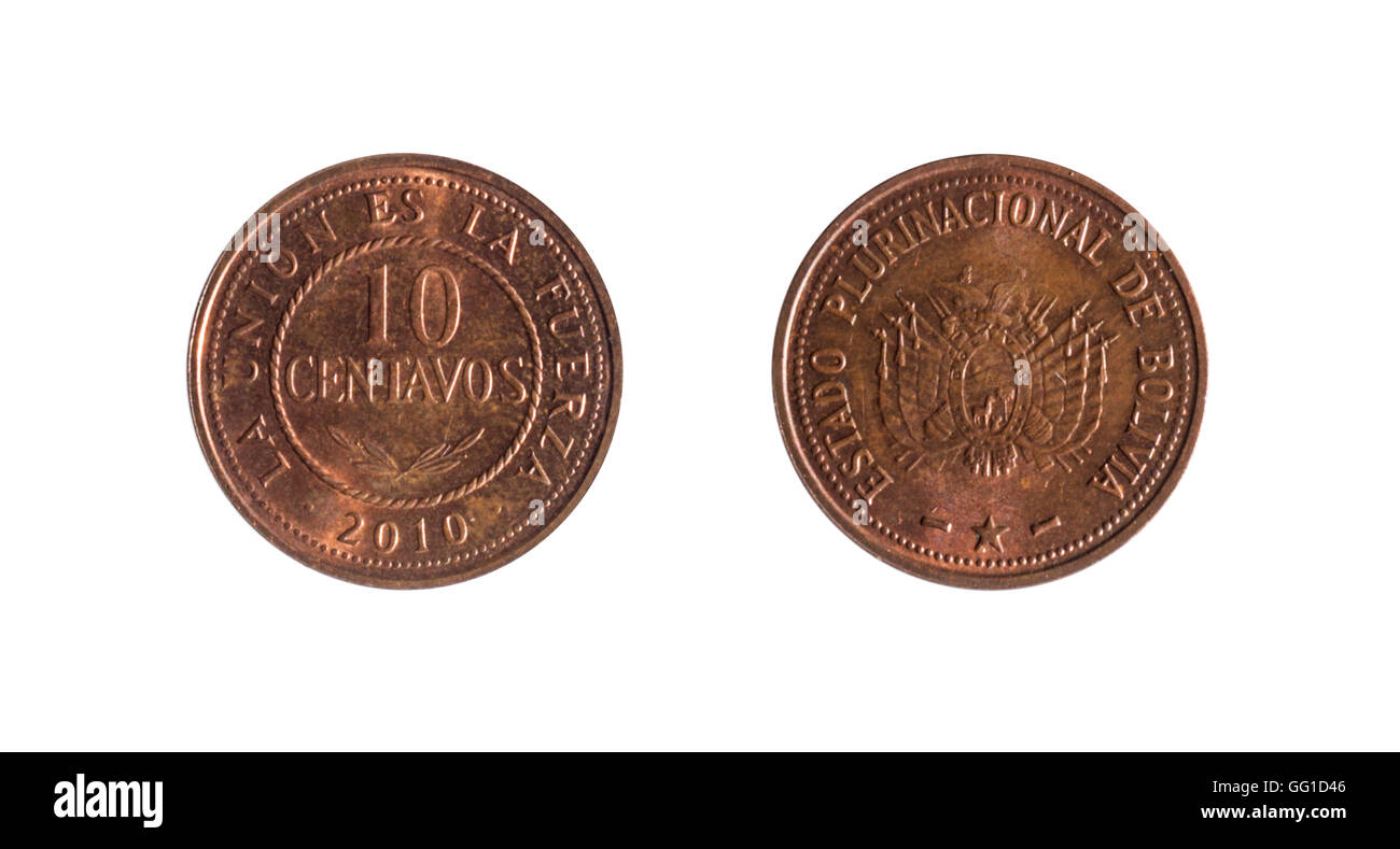 Face et dos d'une pièce de dix cents bolivien sur fond blanc Banque D'Images