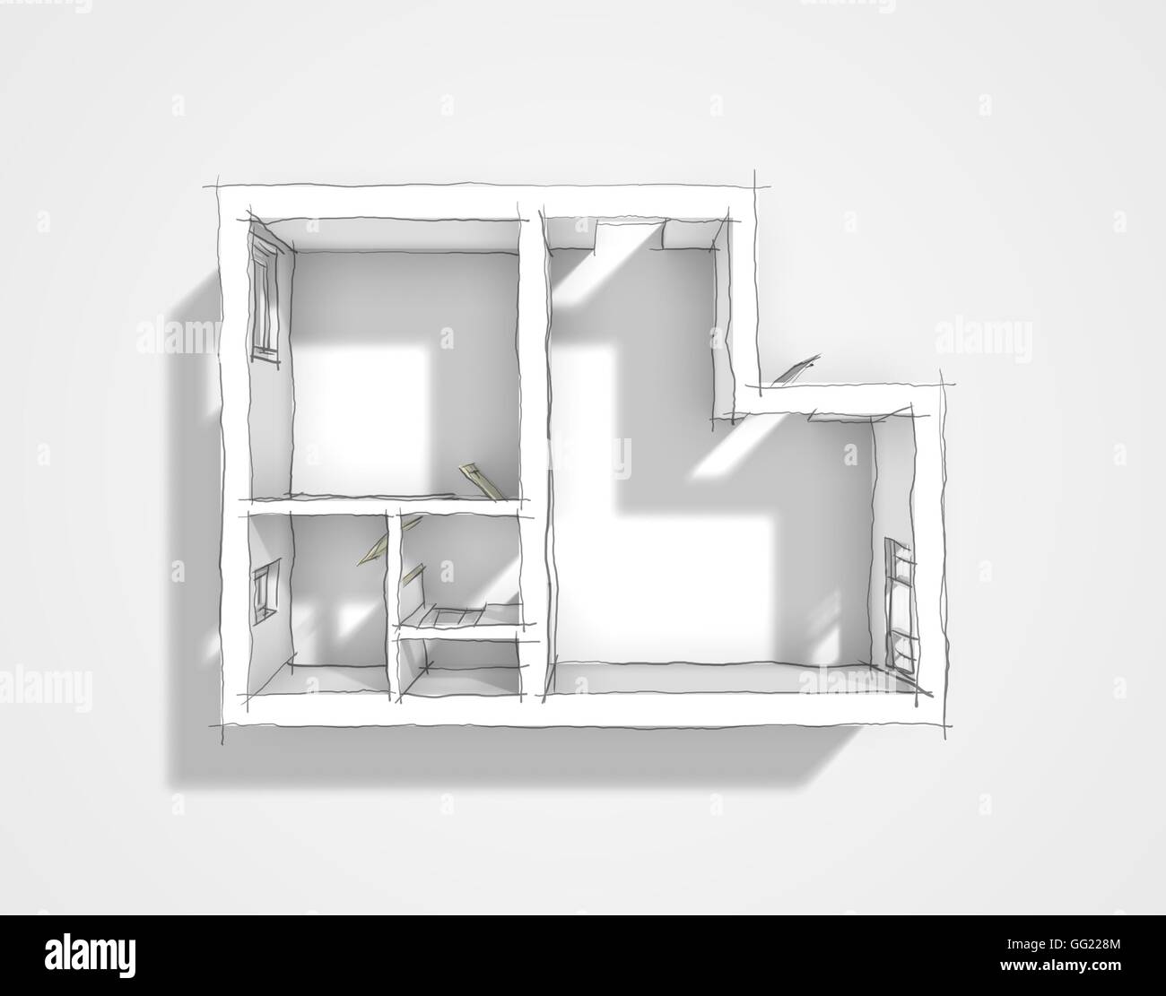 Croquis à main levée d'intérieur 3D Rendering de l'appartement vide avec ombre Banque D'Images