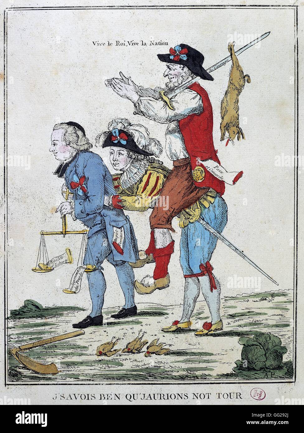 Paysan sur l'arrière de la deux ordres : 'J'savois ben qu'jaurions pas d'' ('J'étais sûr que nous aimerions obtenir notre tour') 18e siècle Gravure Paris, musée Carnavalet Banque D'Images