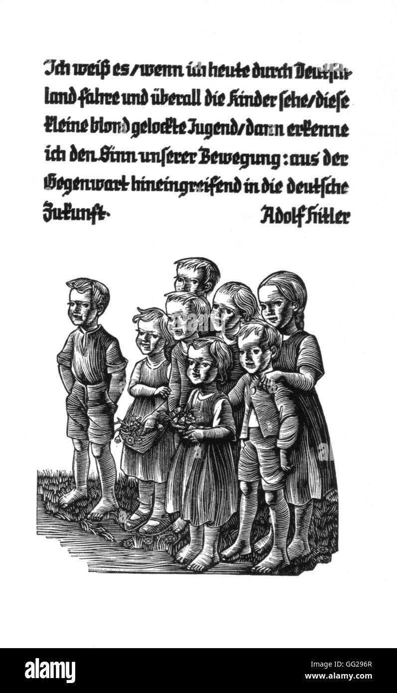 La page d'un travail de propagande illustrée d'Hitler. 'C'était aujourd'hui, voyager à travers l'Allemagne et surtout de voir les enfants, cette blonde, curly-dirigé de la jeunesse, que j'ai bien compris le sens de notre mouvement : quitter le présent et de se lancer dans l'avenir o Banque D'Images