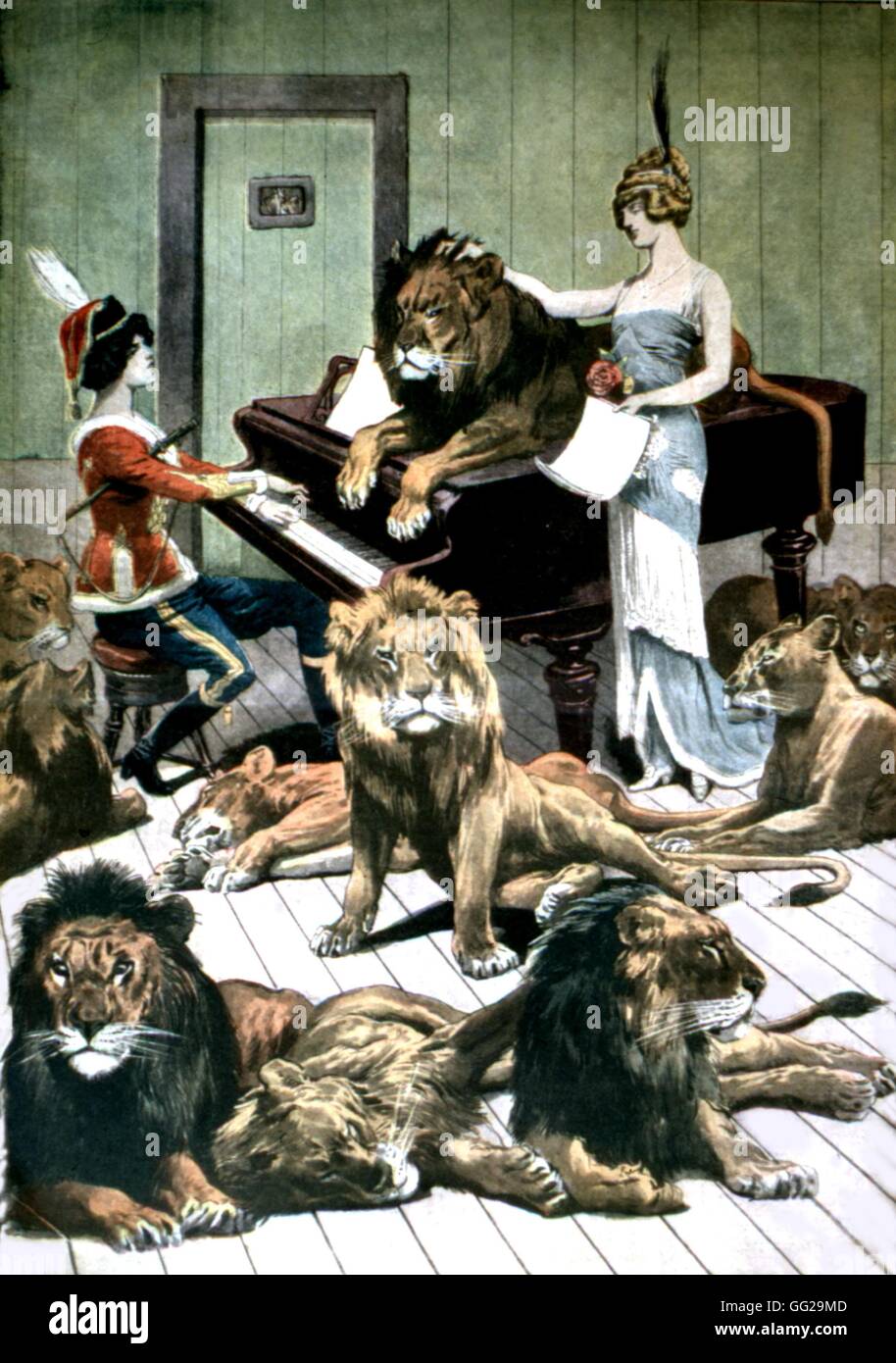 Une chanteuse d'opéra dans la cage du lion France 1913 Banque D'Images