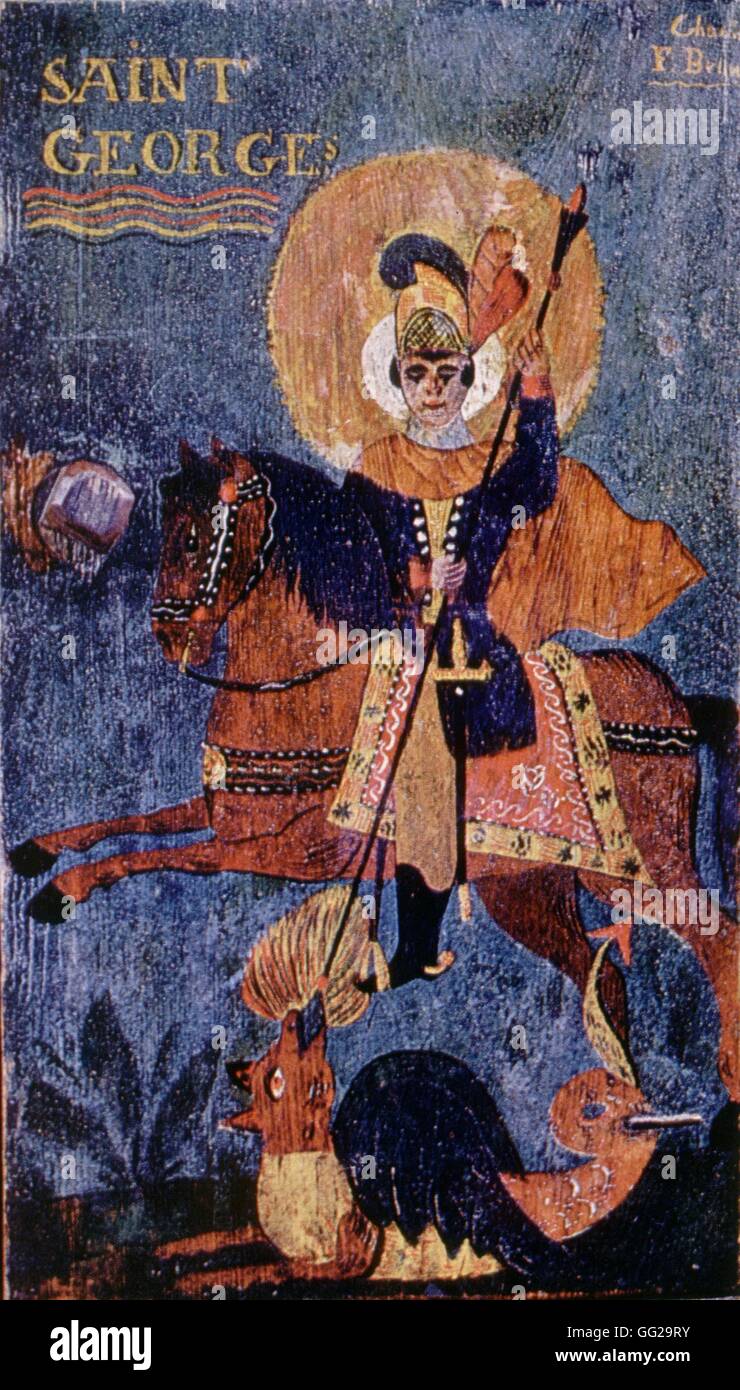 Bfc et Ch. F. Brun : Saint Georges de la peinture à l'huile sur un mur de la pharmacie France collection privée Banque D'Images