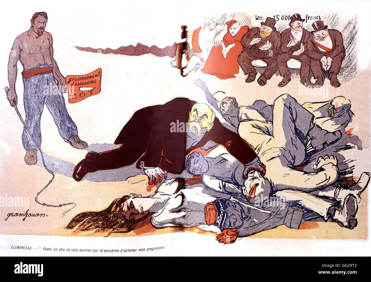 Caricature de Grandjouan dans "L'assiette au beurre". 'Clémenceau et les grèves' début du xxe siècle, France Banque D'Images