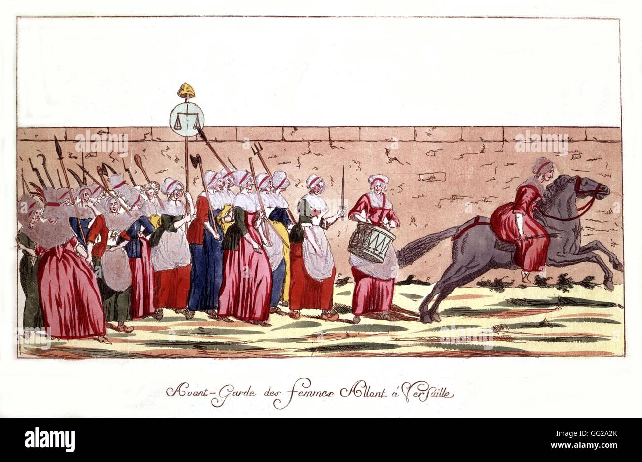 Avant-garde de femmes à la tête de Versailles, le 5 octobre 1789, précisément à midi. France, 1789 Révolution Française Banque D'Images