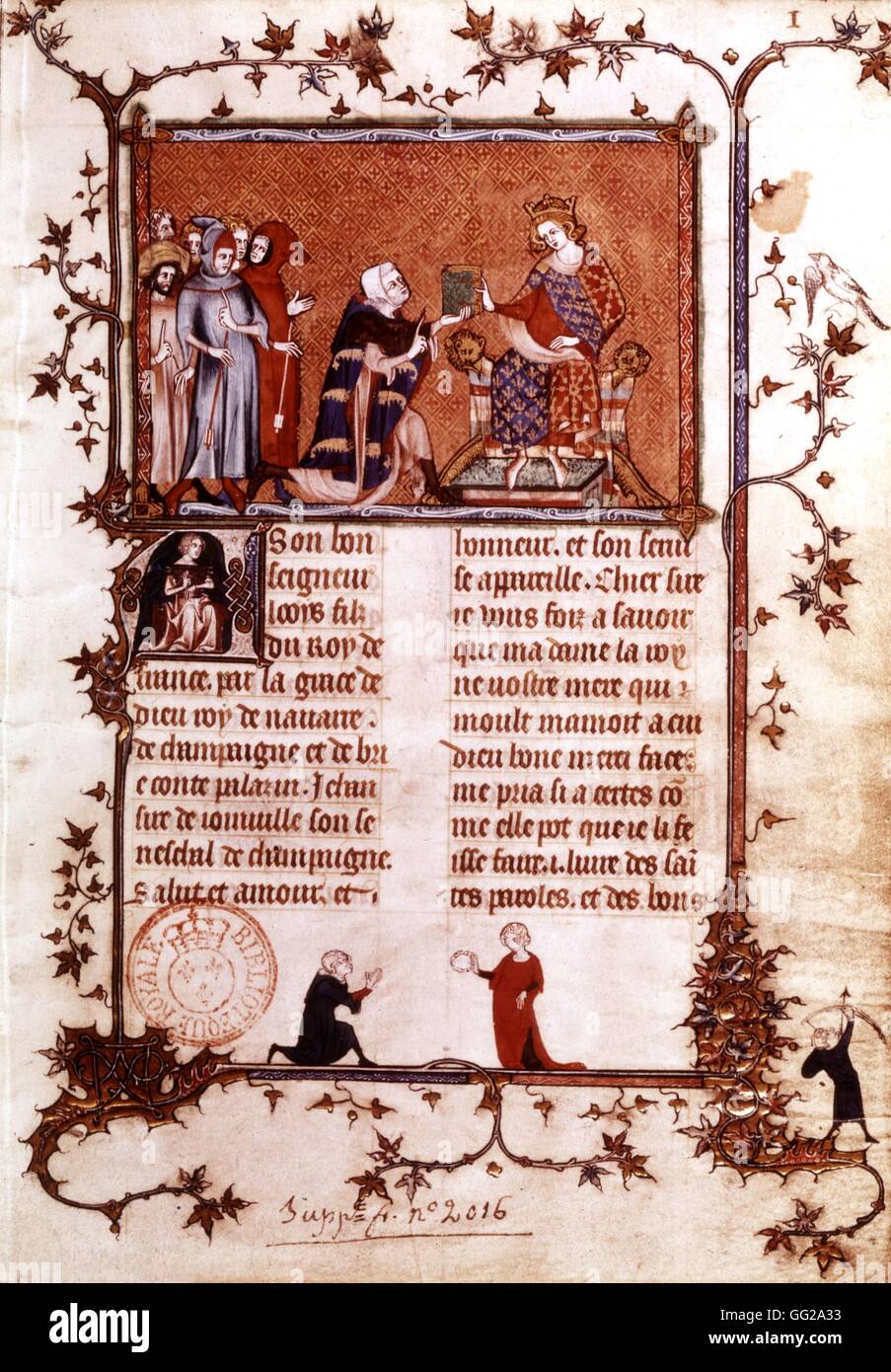 Joinville offrant Louis X le Hutin (ou 'le Quarreler')son histoire de Saint Louis Moyen-Âge France Paris. Bibliothèque nationale Banque D'Images