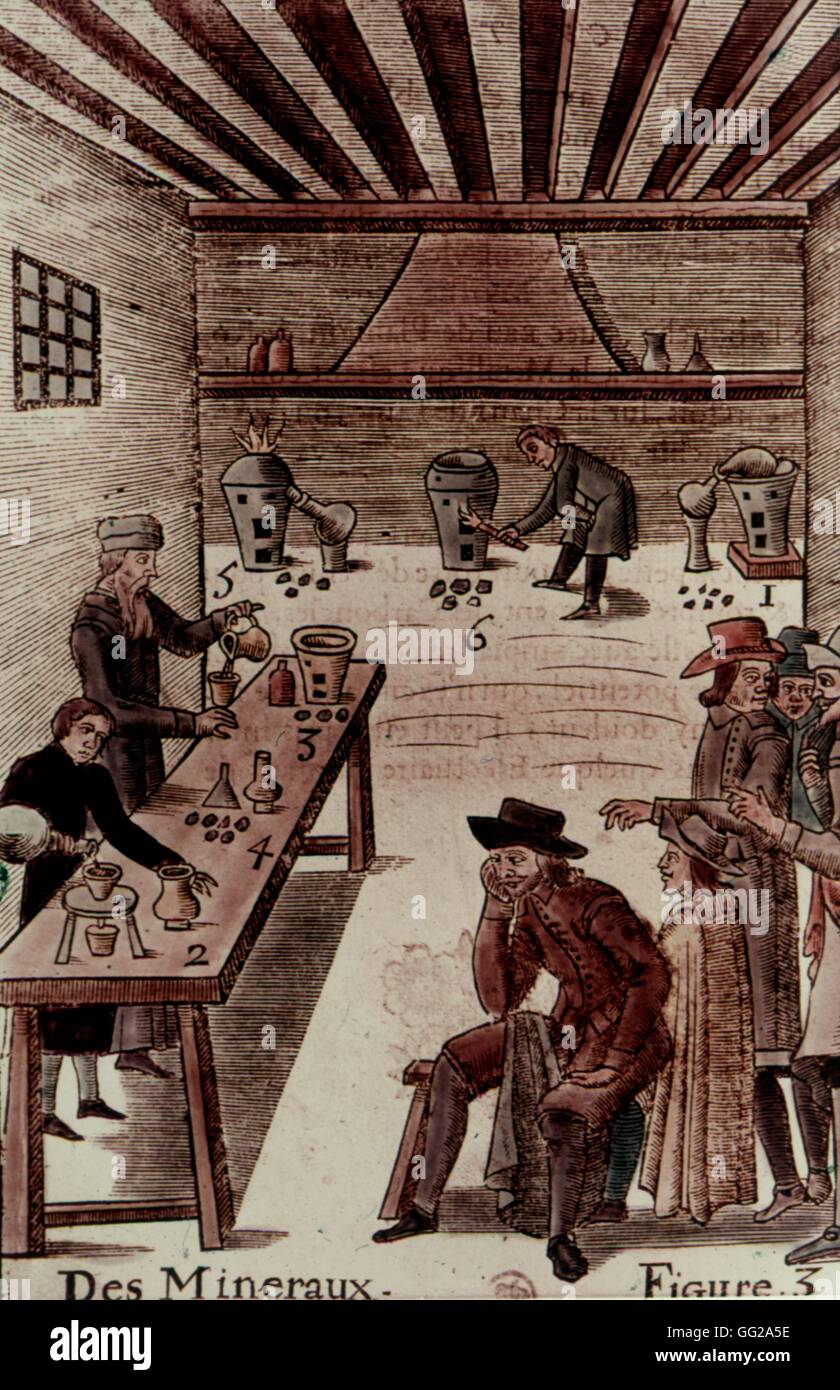 Laboratoire de chimie ou de l'alchimie au xviie siècle, en A. Barlett : 'À propos des minéraux' (1653). L'Ethiopie Banque D'Images