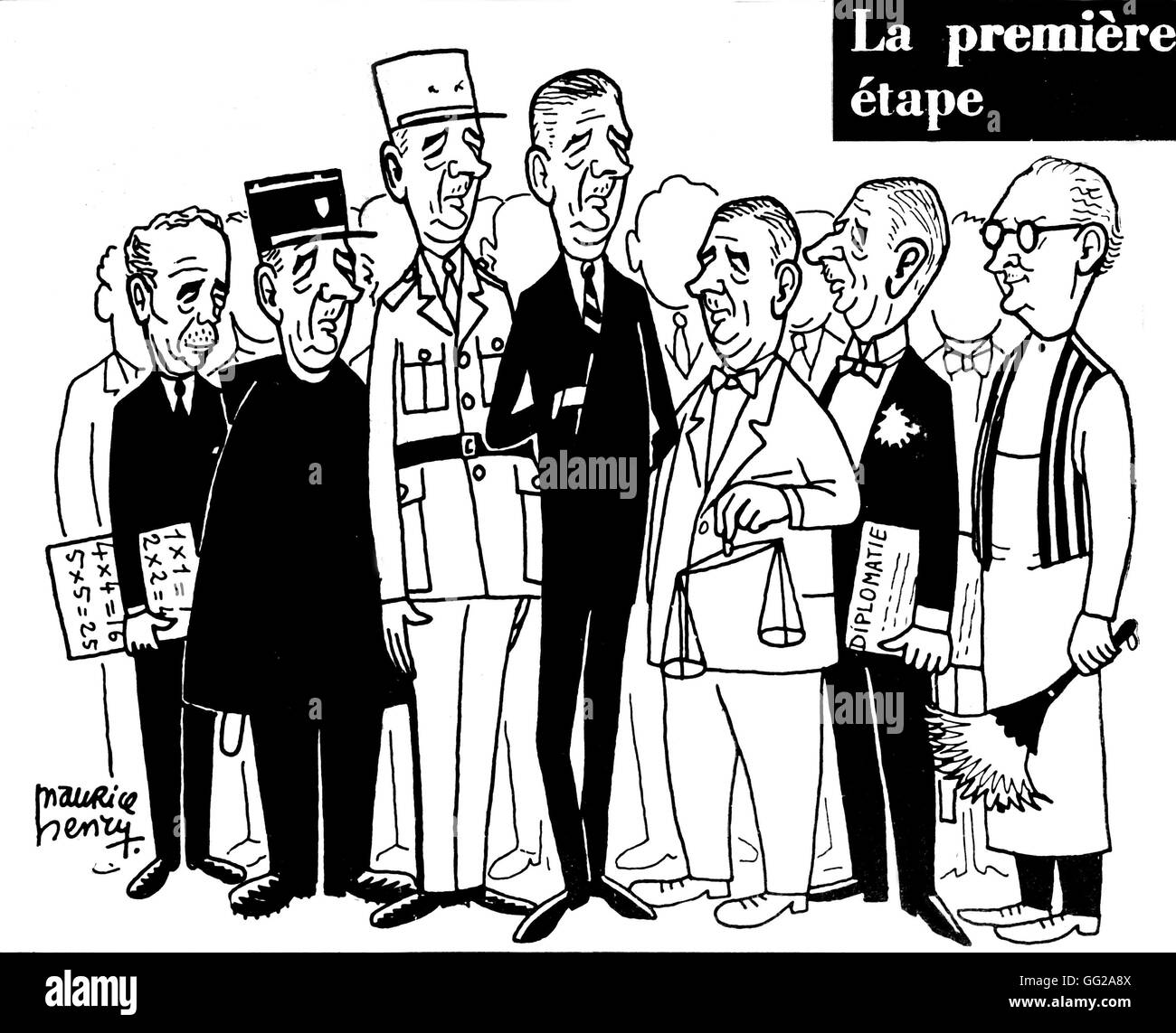 Caricature de Maurice Henry du gouvernement français de De Gaulle, Pinay... 4 juin 1958, Paris, Bibliothèque Nationale de France Banque D'Images