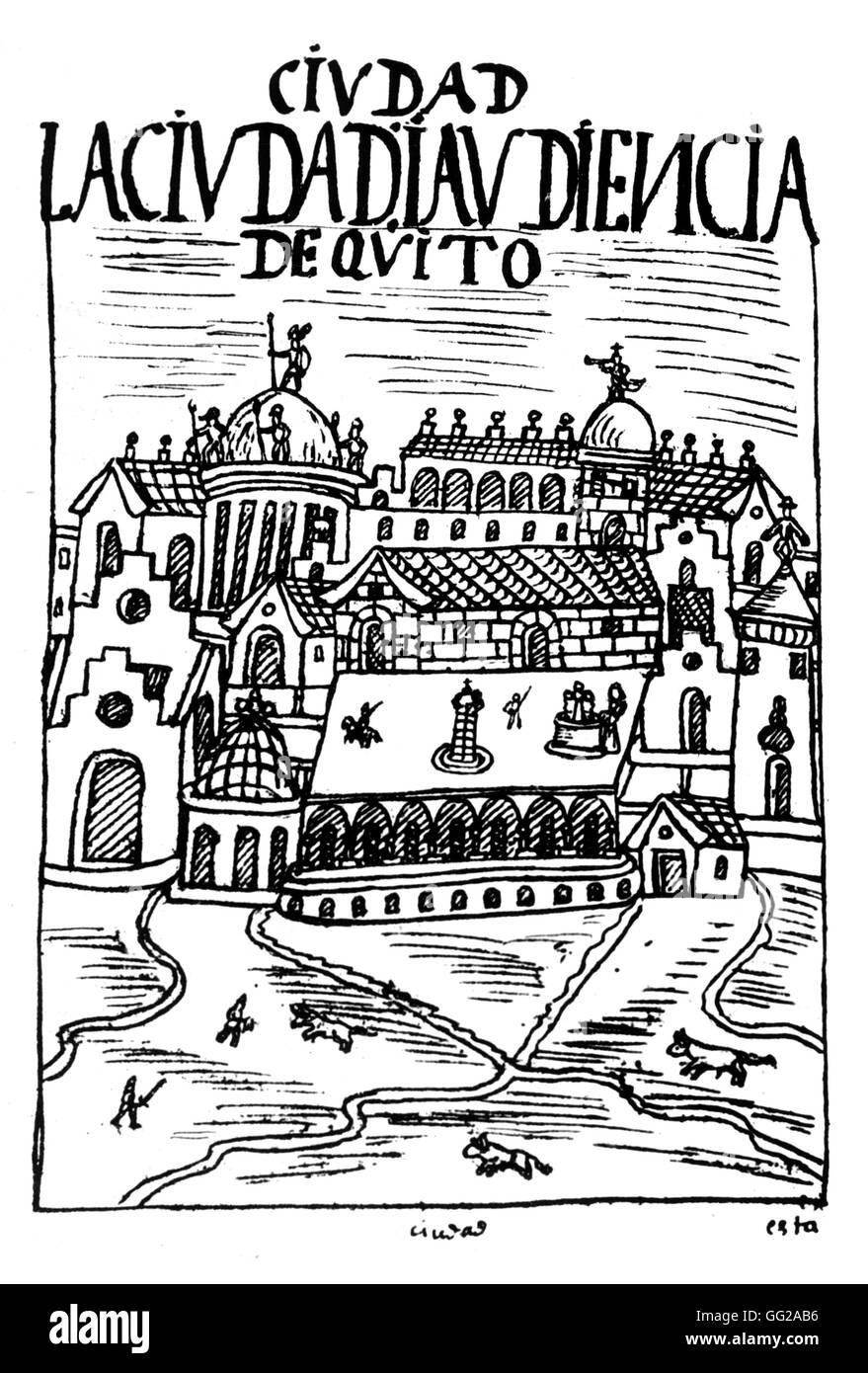 Chroniques de Huaman par Poma de Ayala : Vue de la ville de Quito. Manuscrit péruvien. 16e siècle au Pérou Banque D'Images