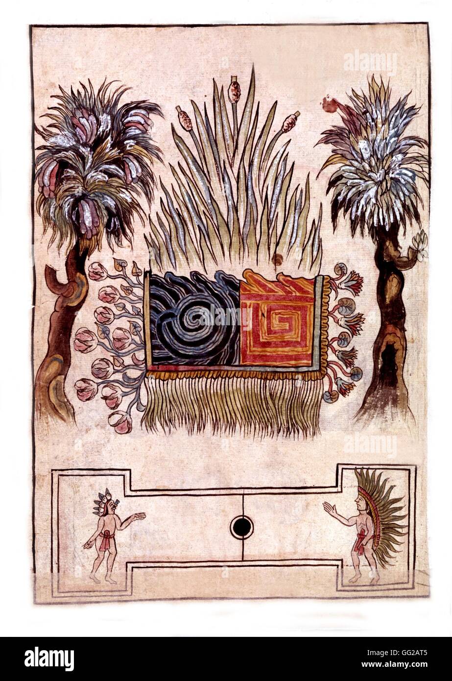 Symbole de la ville de Tulla. Ci-dessous, un tlachtli, une sorte de jeu de paume (jeu de paume) 16e siècle au Mexique Banque D'Images