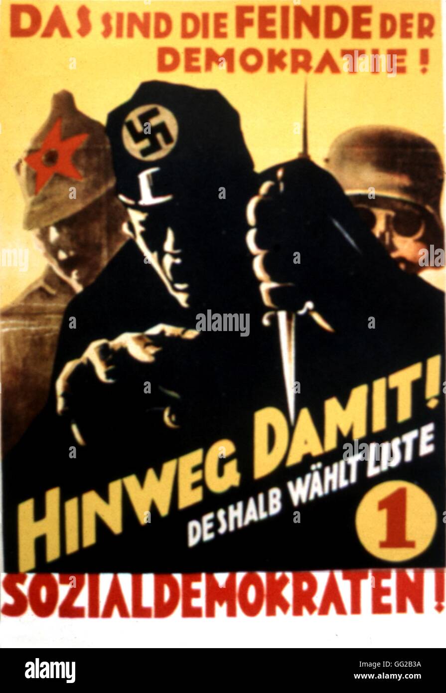Affiche de l'élection de propagande Social-démocrate d'Allemagne (SPD) : 'Ici sont les ennemis de la démocratie !" 1930, l'Allemagne Banque D'Images