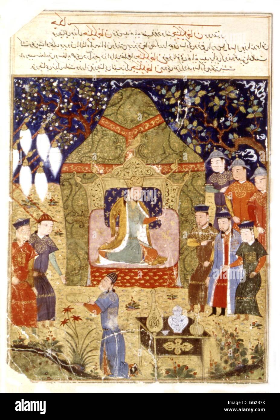 Manuscrit persan illustré de 106 tableaux : 'Jami'al Tawarikh" par Rachid ad-Dîn (Histoire des Mongols). Gengis Khan, entouré de ses fils, se proclame lui-même empereur. 14ème siècle de l'école persane Banque D'Images