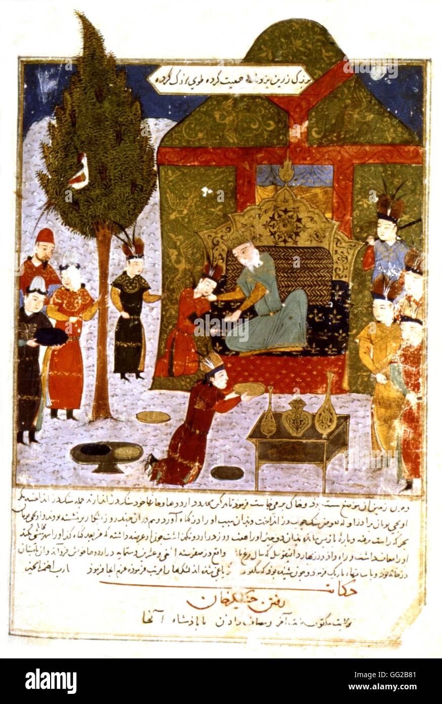 Manuscrit persan illustré de 106 tableaux : 'Jami'al Tawarikh" par Rachid ad-Dîn (Histoire des Mongols). Gengis Khan, sur le trône, entouré par les Mongols du 14ème siècle de l'école persane Banque D'Images