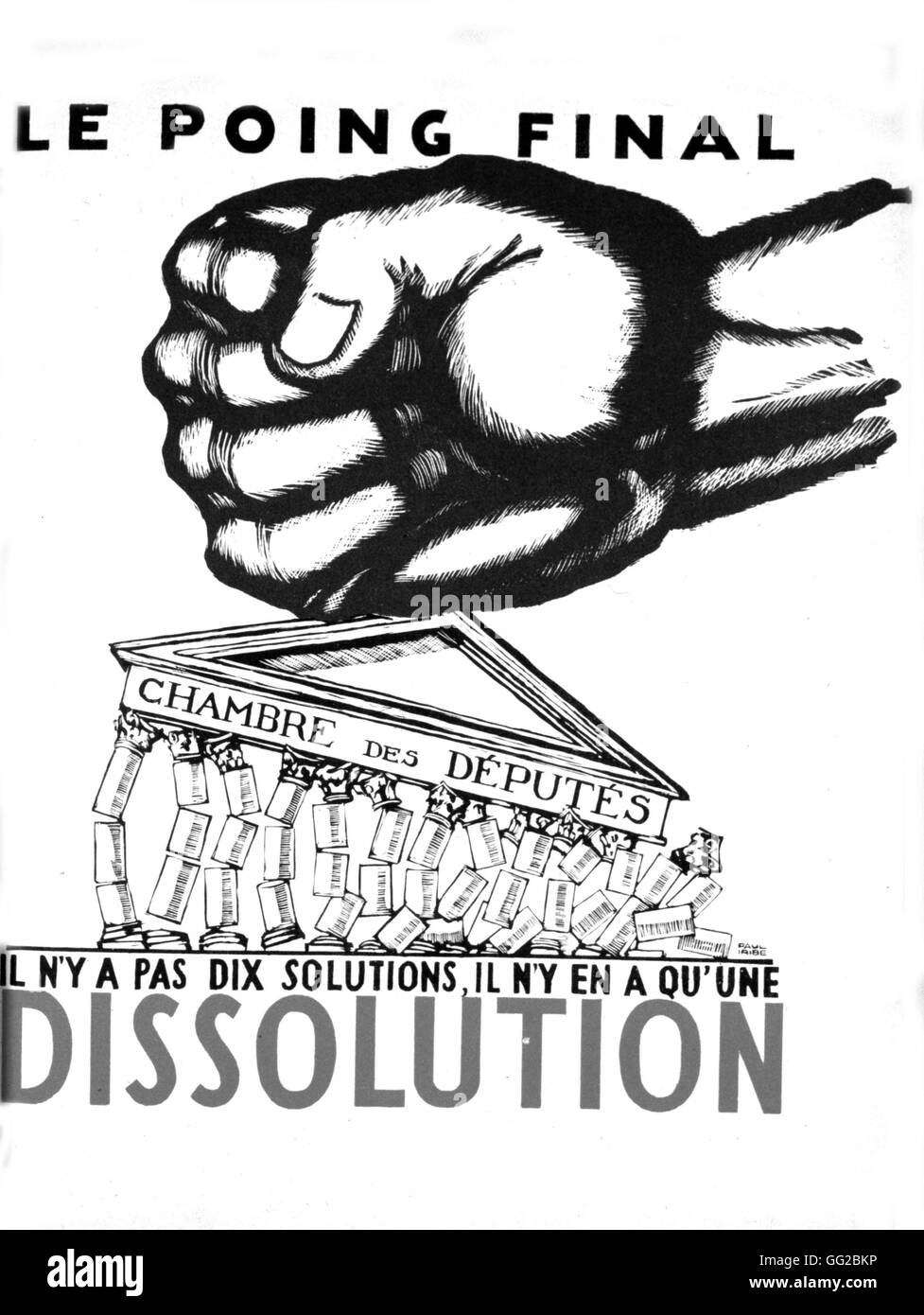 Dessin de Paul Iribe, 'Le punch final, dissolution' . La Chambre des députés s'effondre après avoir été frappé France 1934 Banque D'Images