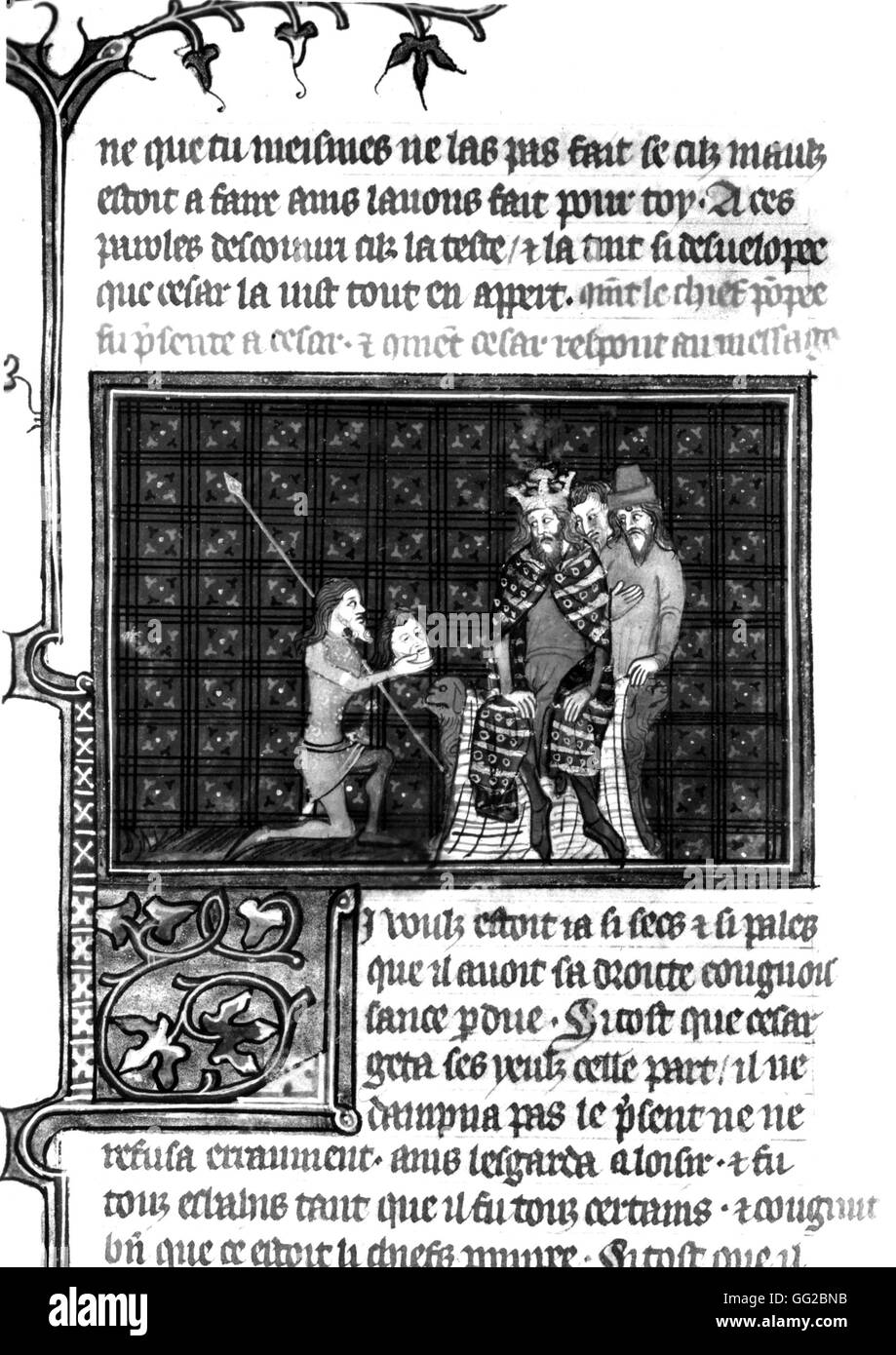 Miniature, 'Histoires Romaines' ou 'Livre de César'. Contemplant le césar chef de Pompey 1364 Banque D'Images