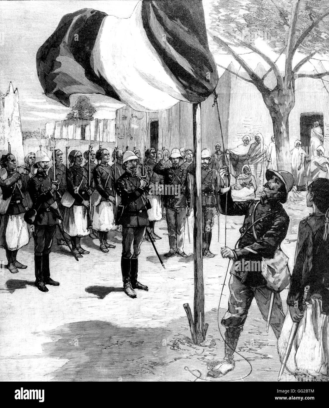 Le Mali. La capture de Timbuktoo. Le drapeau français est soulevée au-dessus de la place principale, le 11 février 1894 France - La Colonisation Banque D'Images