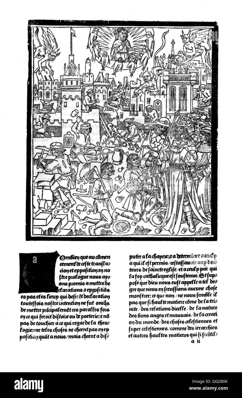 Gravure à Saint Augustin manuscrit 'La Cité de Dieu', la construction de la ville de Paris 1486 - B.N. Banque D'Images